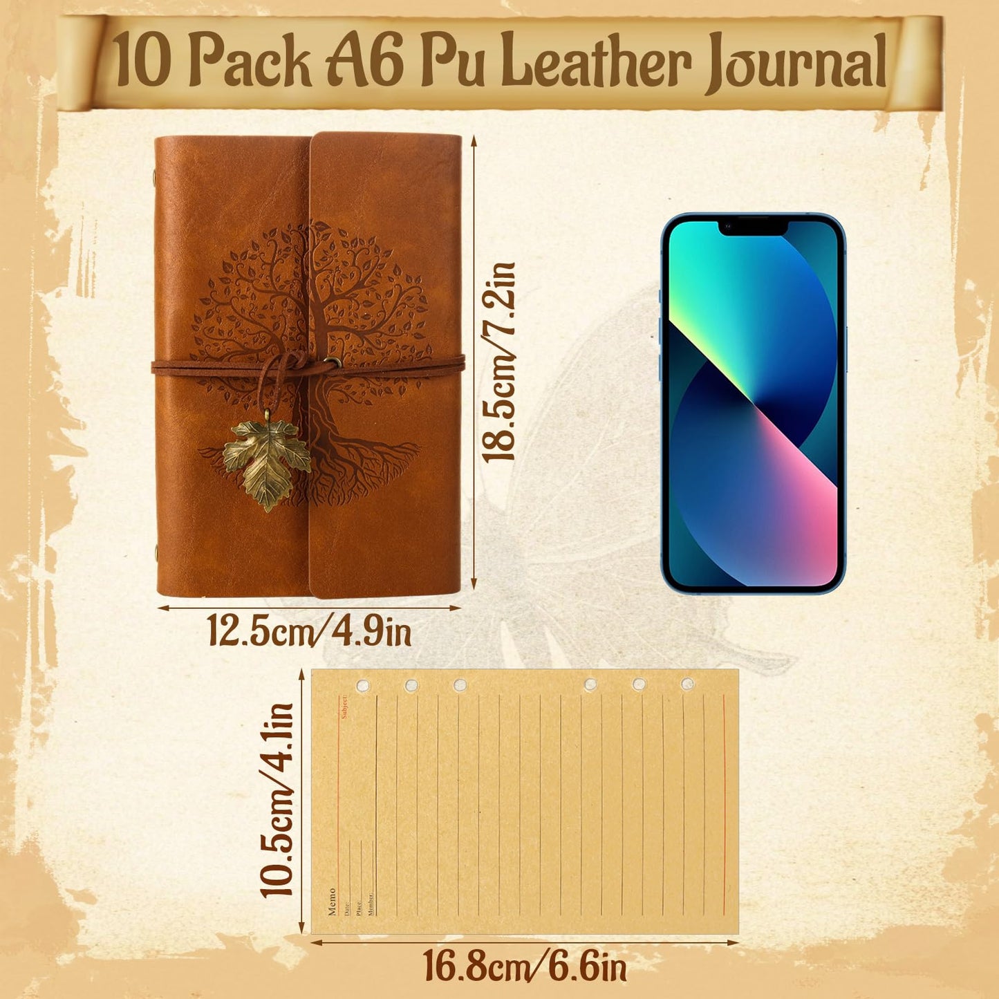 DAJAVE 10 Pack PU Leather Journal Notebook A6, 5'' x 7'' Refillable Journal Bulk, Vintage Travel Journals for Writing,100GSM Lined Paper Writing Notepad Journals Bulk for Women, Men,160 Pages/80 Sheet