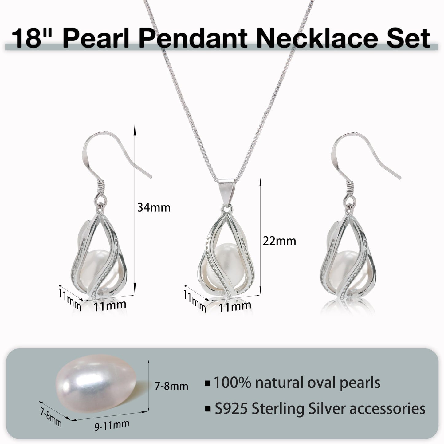 HENGSHENG Pearl Jewelry Set For Women S925 Sterling Silver Necklace & Earrings Set Freshwater Pearl Pendant Cage Set for Wedding Anniversary Prom Birthday Gift - Silvery White