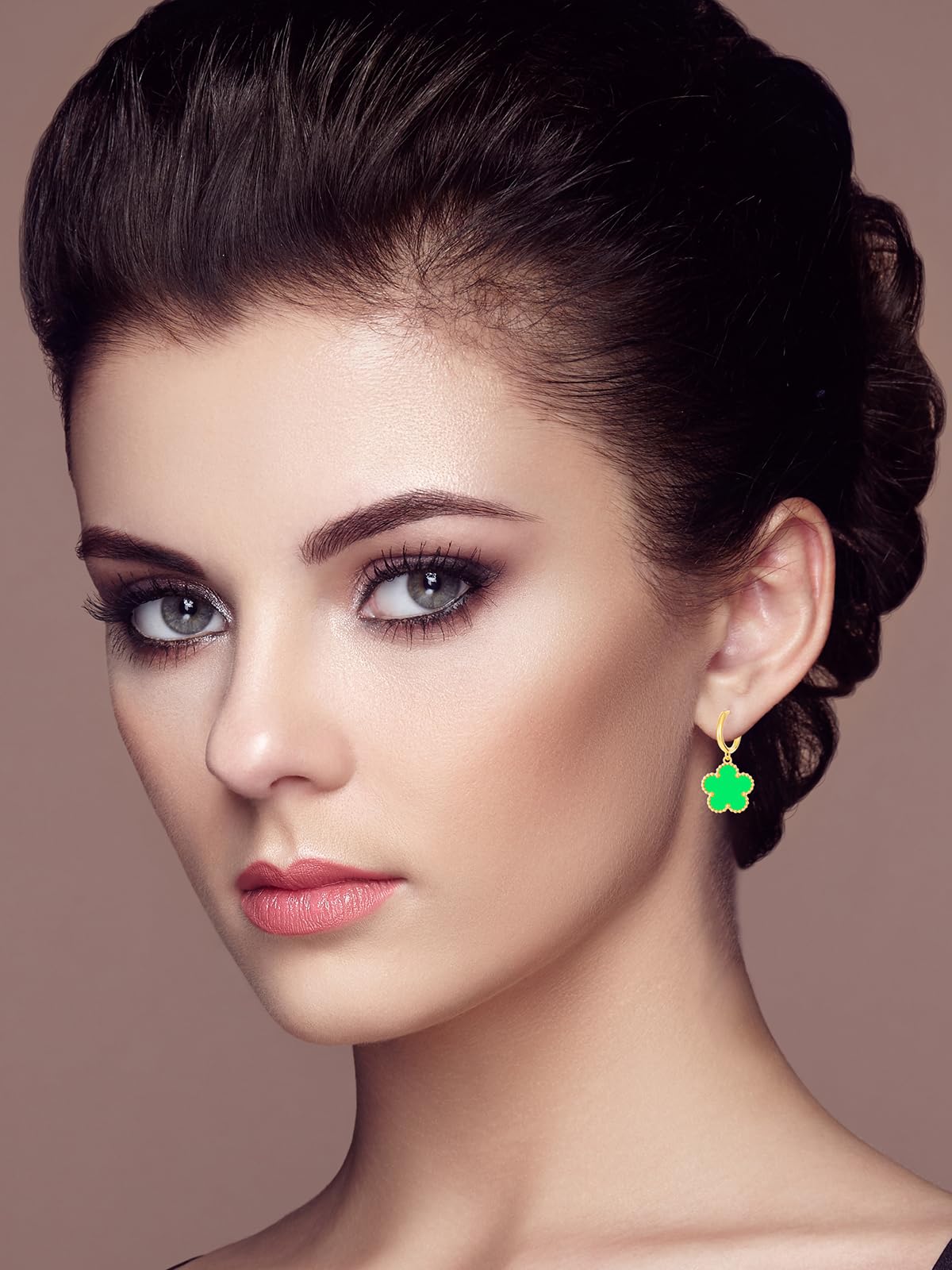 Gold Plated Five Leaf Clover Dangle Earrings for Women Lucky Flower Jewelry (Lime Green-14K Gold Plated)