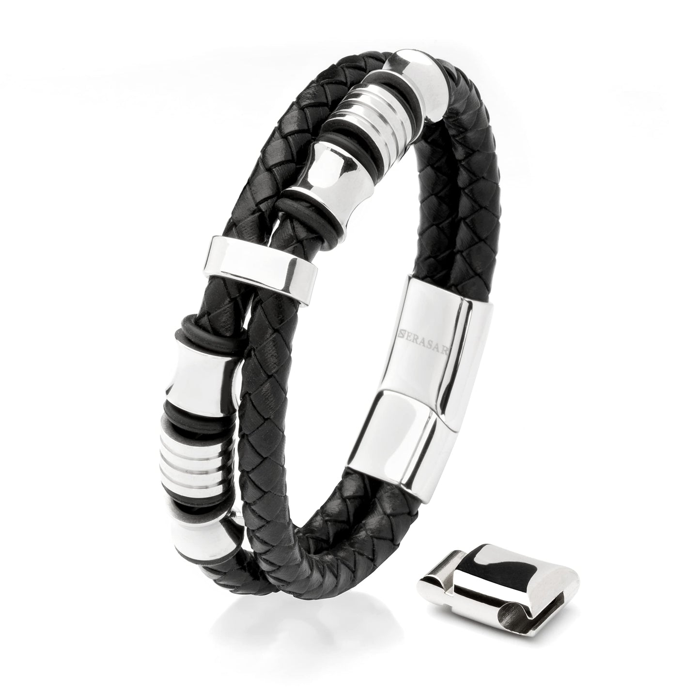 SERASAR 8″ Silver Leather Bracelets for Men Mens Cowhide Gift Box Braided Bracelet Stainless Steel Jewelry Wrist Band Cuff Wrap Rope Bangle Dad Pulseras para Hombres Cuero Regalo