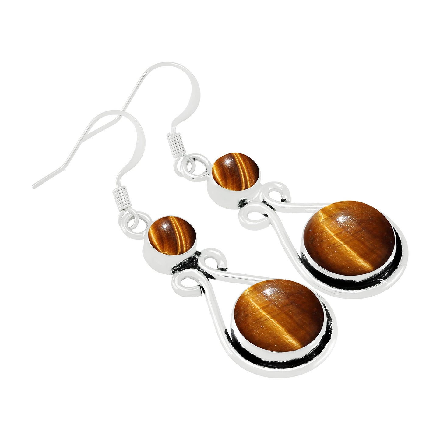 Natural Tiger Eye Silver Plated Dangle Earrings for Women - June Birthstone Round Gemstones Drop Earrings Handmade Jewelry - Wedding Christmas Gift for Her