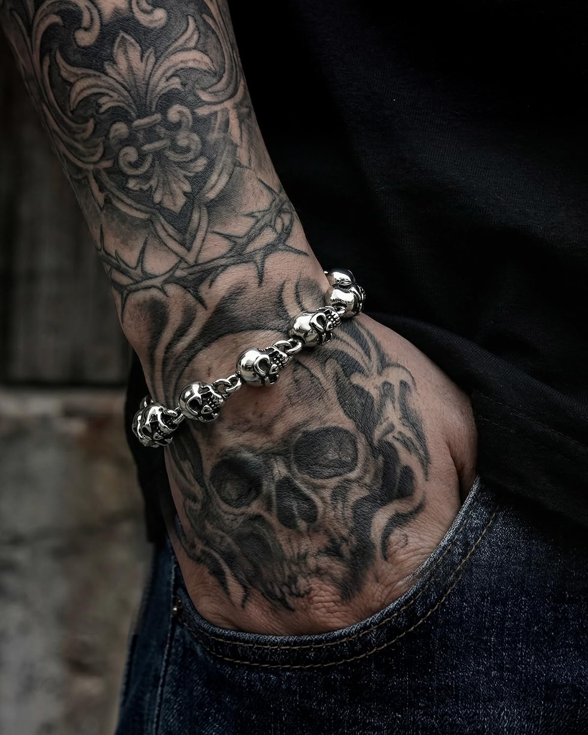LuxGoth Stainless Steel Skull Head Bead Linked Chain Bracelet Gothic Punk Rock Biker Viking Vintage Link Curb Bracelet Jewelry for Men Silver GTS-B1B45077