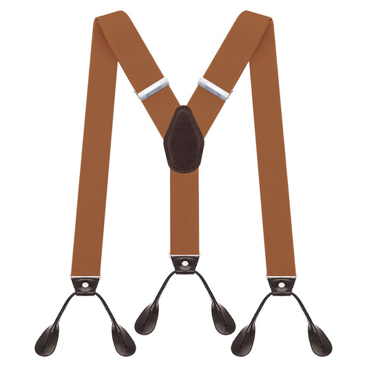 AYOSUSH Button End Suspenders for Men Leather Brown Soild Color Classic Business