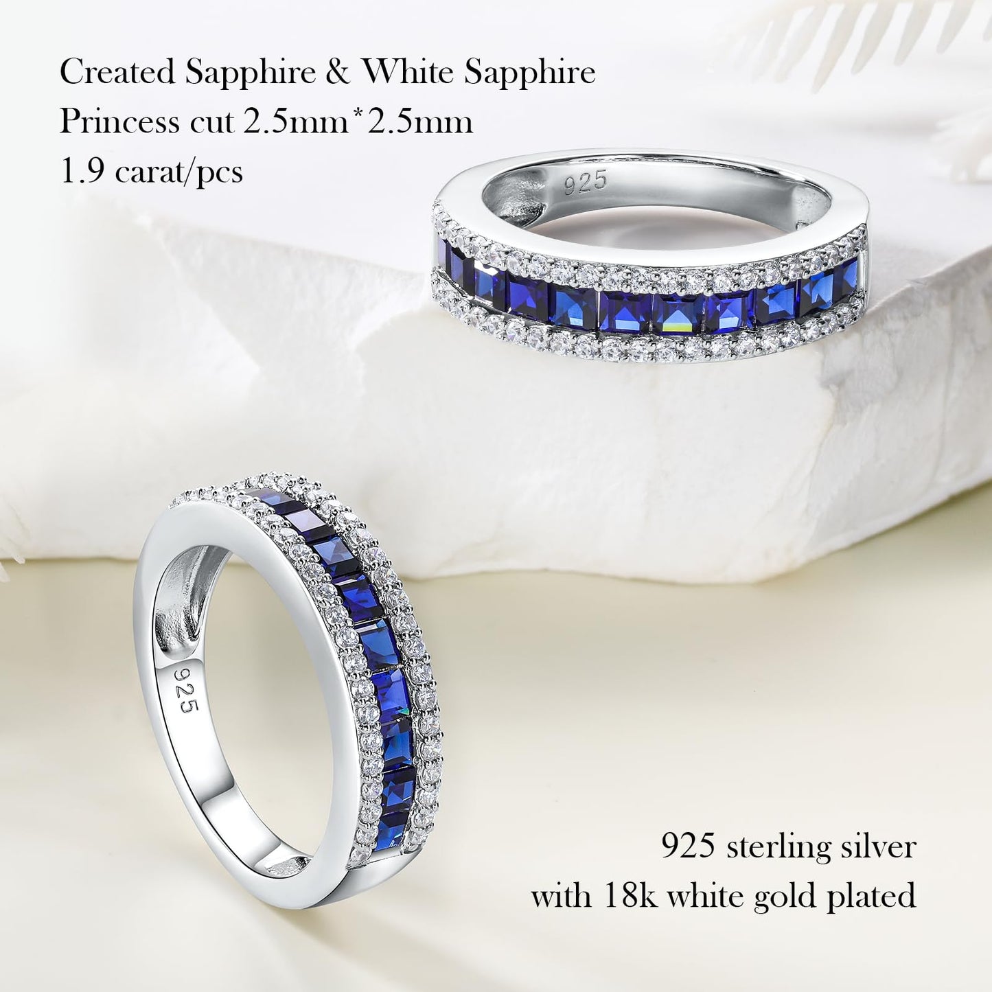RANDES Blue Sapphire Ring Half Eternity Wedding Band 925 Sterling Silver Thick Band Rings for Women Size 7