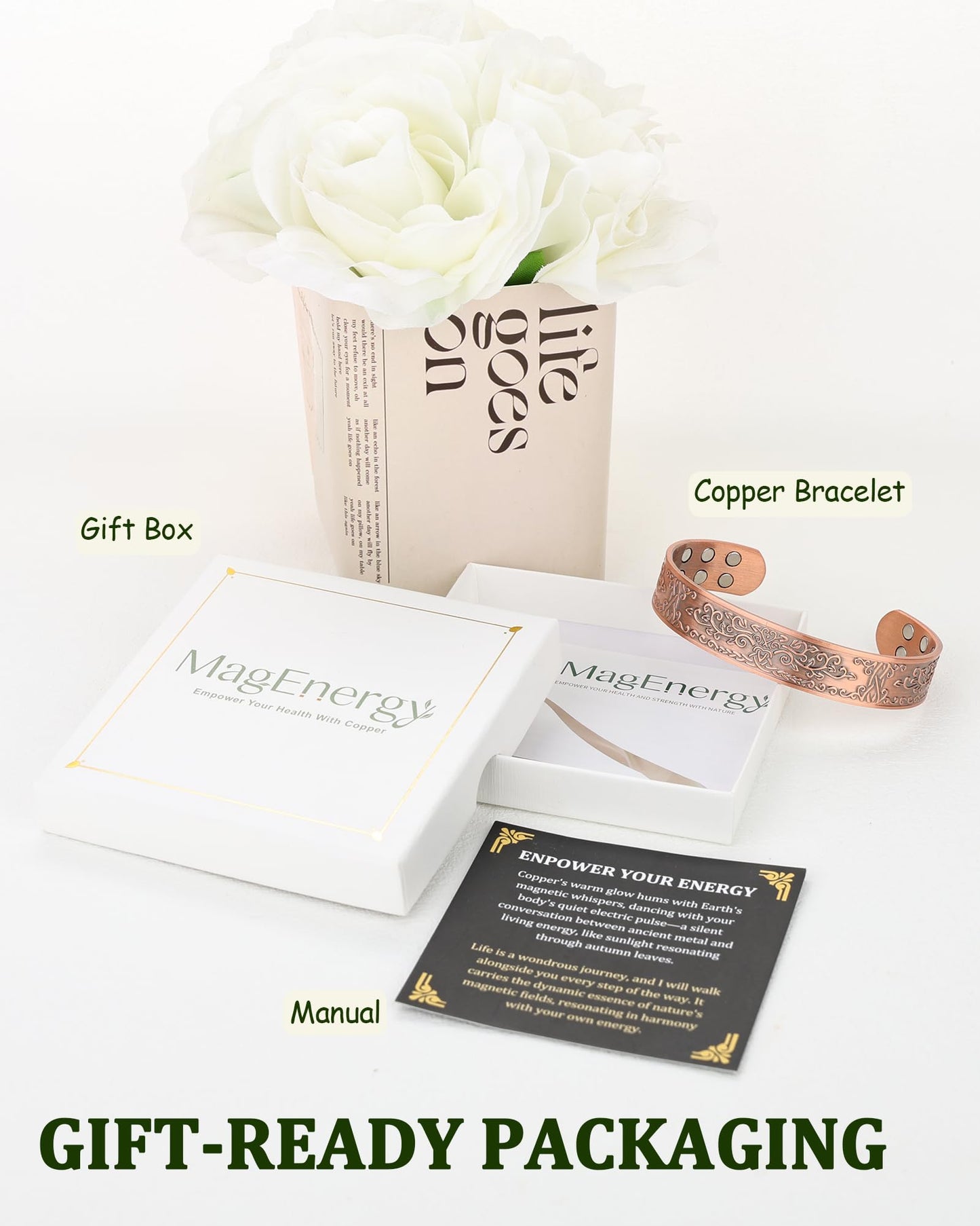 MagEnergy Copper Bracelet for Men, 18X Strength Magnetic Bracelet with 3800 Gauss Magnets, 99.99% Pure Solid Copper, Men's Jewelry Gift (Copper-Tree of Love)