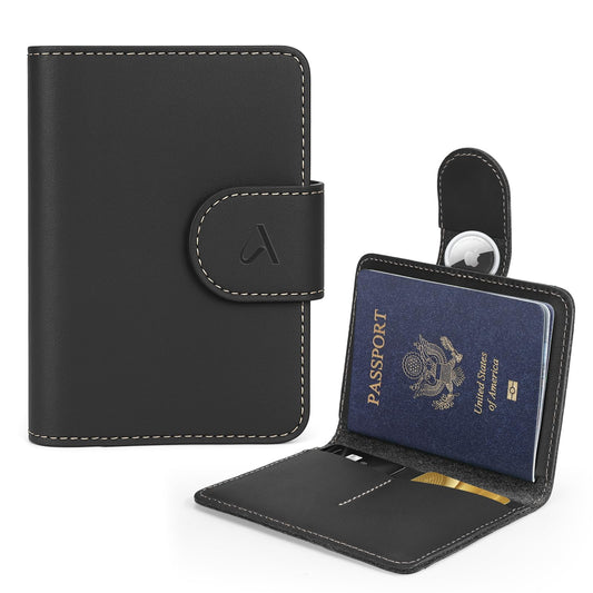 ALLIVE Passport Holder for Travel, Genuine Leather Passport Holder with AirTag Hidden Pocket, Rfid Blocking Passport Cover Travel Wallet for Women Men, Airport Essentials Gift (Black)