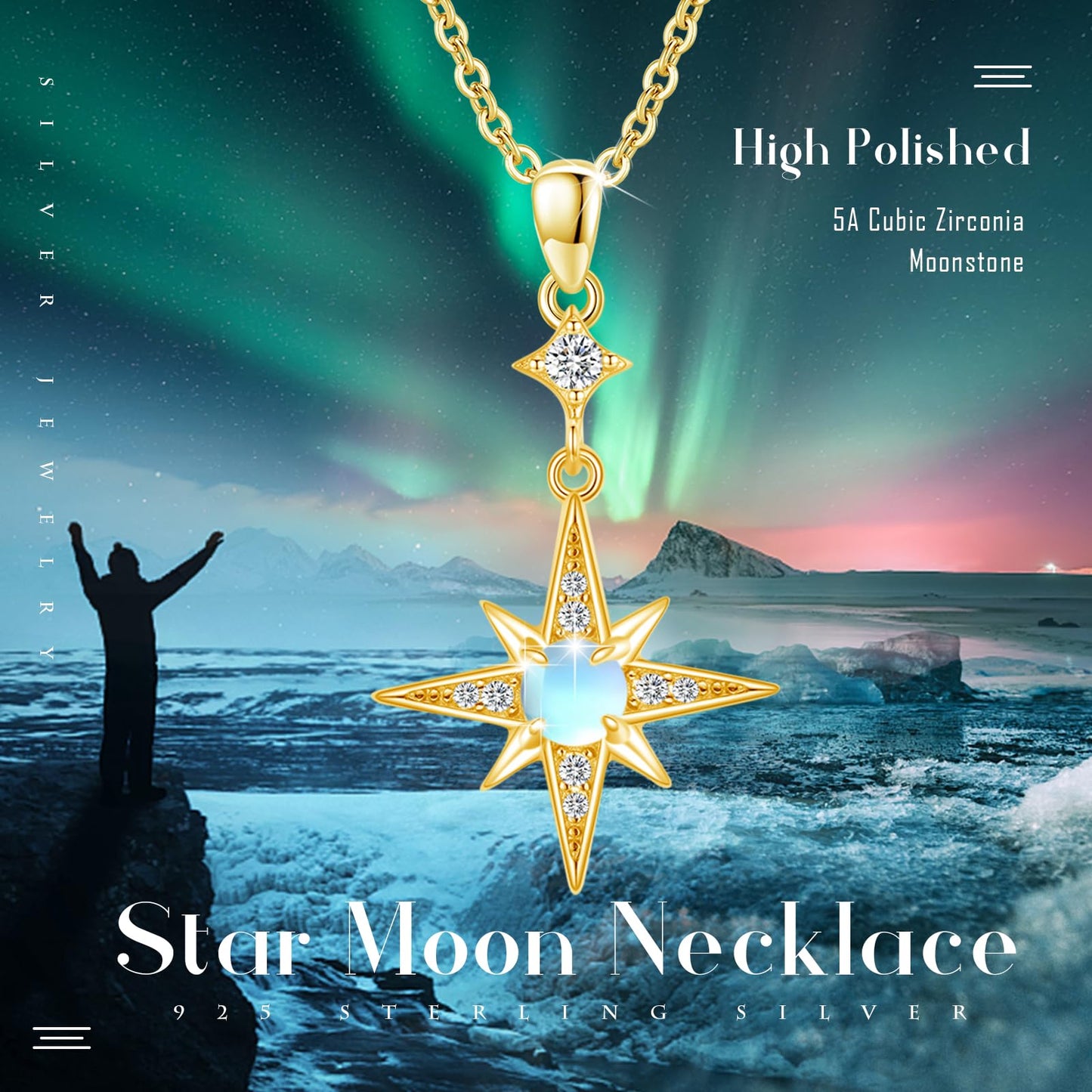 Silikepa Star Necklace for Women 925 Sterling Silver Gold North Star Pendant Necklace with Moonstone Jewelry Gift for Women
