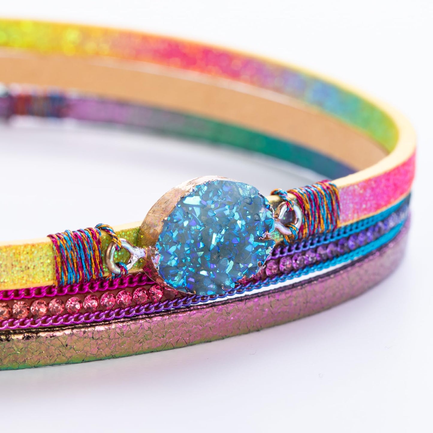 FANCY SHINY Boho Leather Wrap Bracelet Stackable Chunky Crystal Cuff Bracelets with Magnetic Clasp Cowboy Cowgirl Western Summer Beach Outfits Jewelry Gifts for Women (14.7", Rainbow)