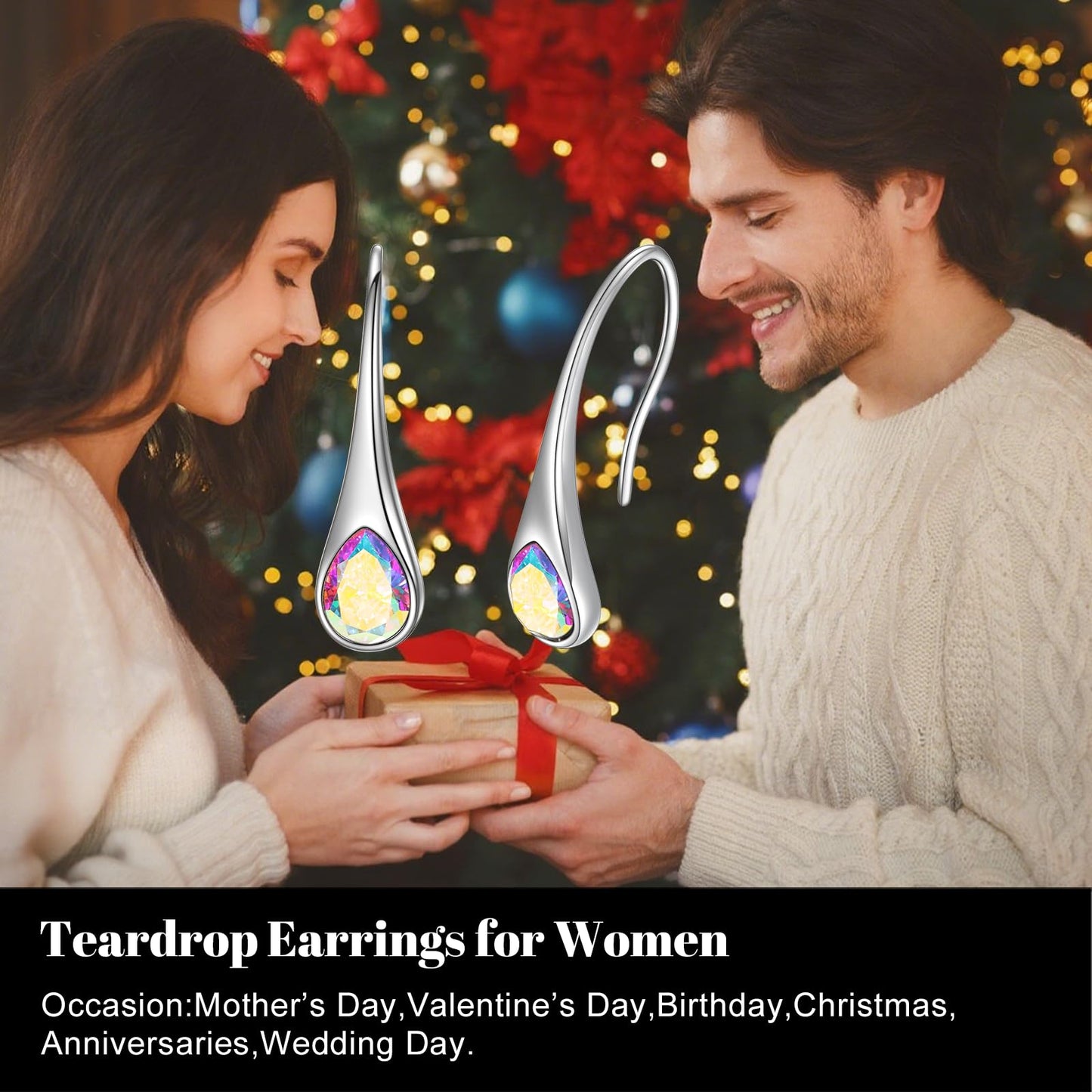 925 Sterling Silver Teardrop Earrings, Hypoallergenic Pear-Shaped Dangle Drop Earrings for Women with Aurora Borealis Crystals