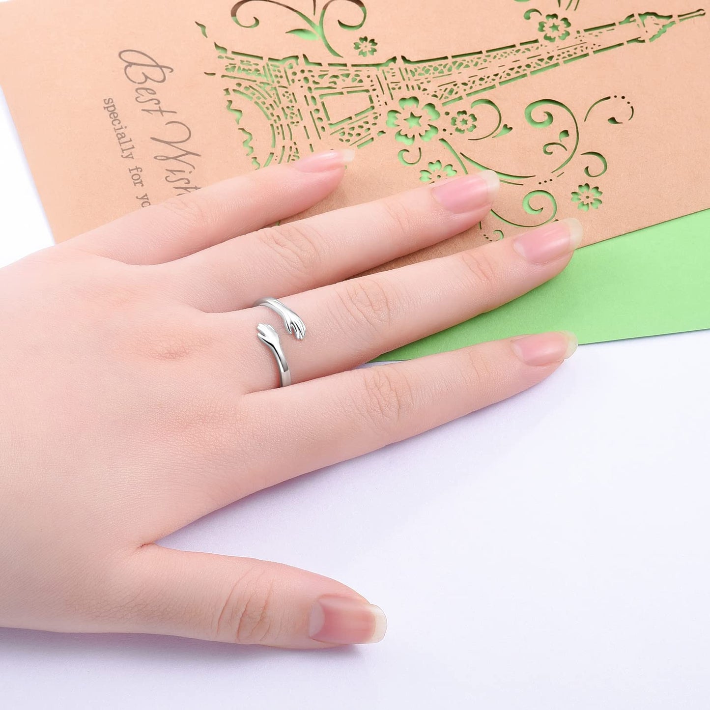 925 Sterling Silver Adjustable Hug Ring Come to My Arm Couple Hugging Rings for Women Mens Wedding Band Rings I Love You Forever Engraved Wrap Around Rings Hand Ring Jewelry for Women Teens (Silver)