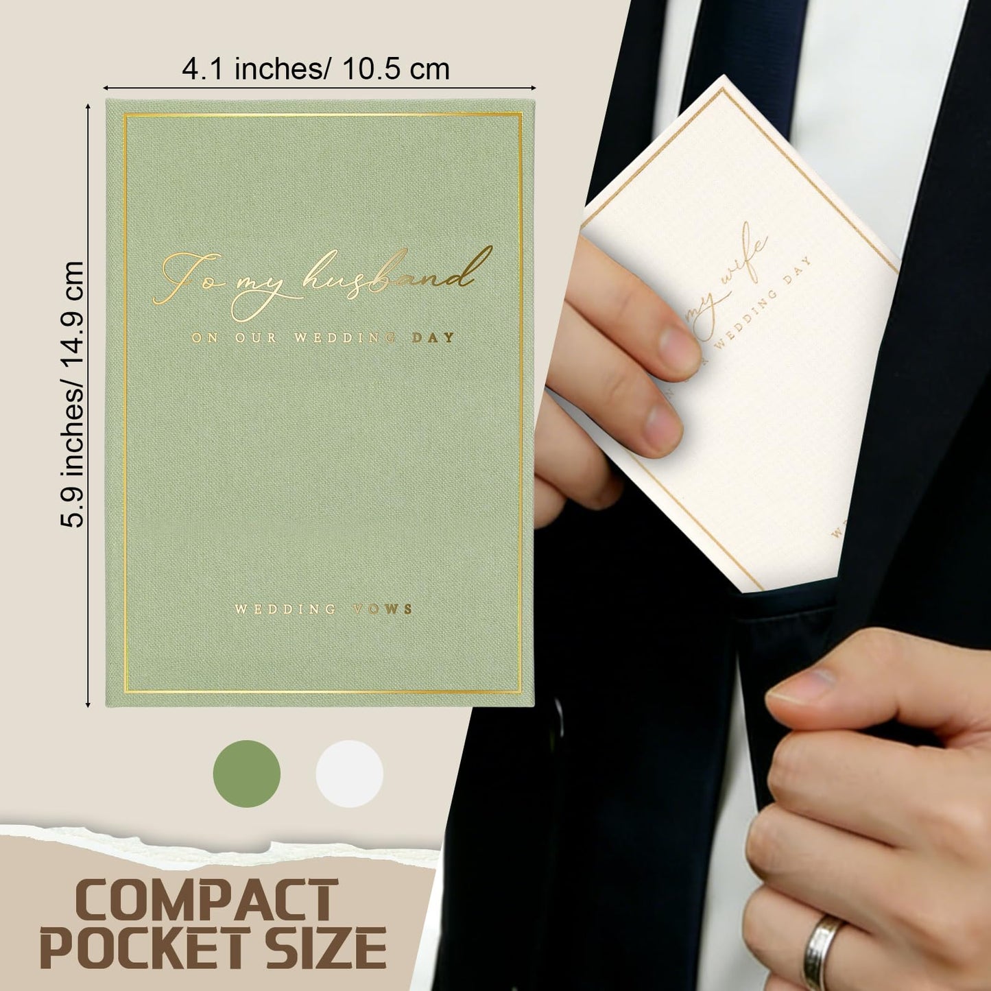Engrowtic 2 Pcs Premium Wedding Vow Books His and Her Husband Wife Wedding Must Have Registry Ideas Canvas Linen Cover Gold Foil Lettering Lined Page Gift for Newly Engaged Couple(Light Green-White)