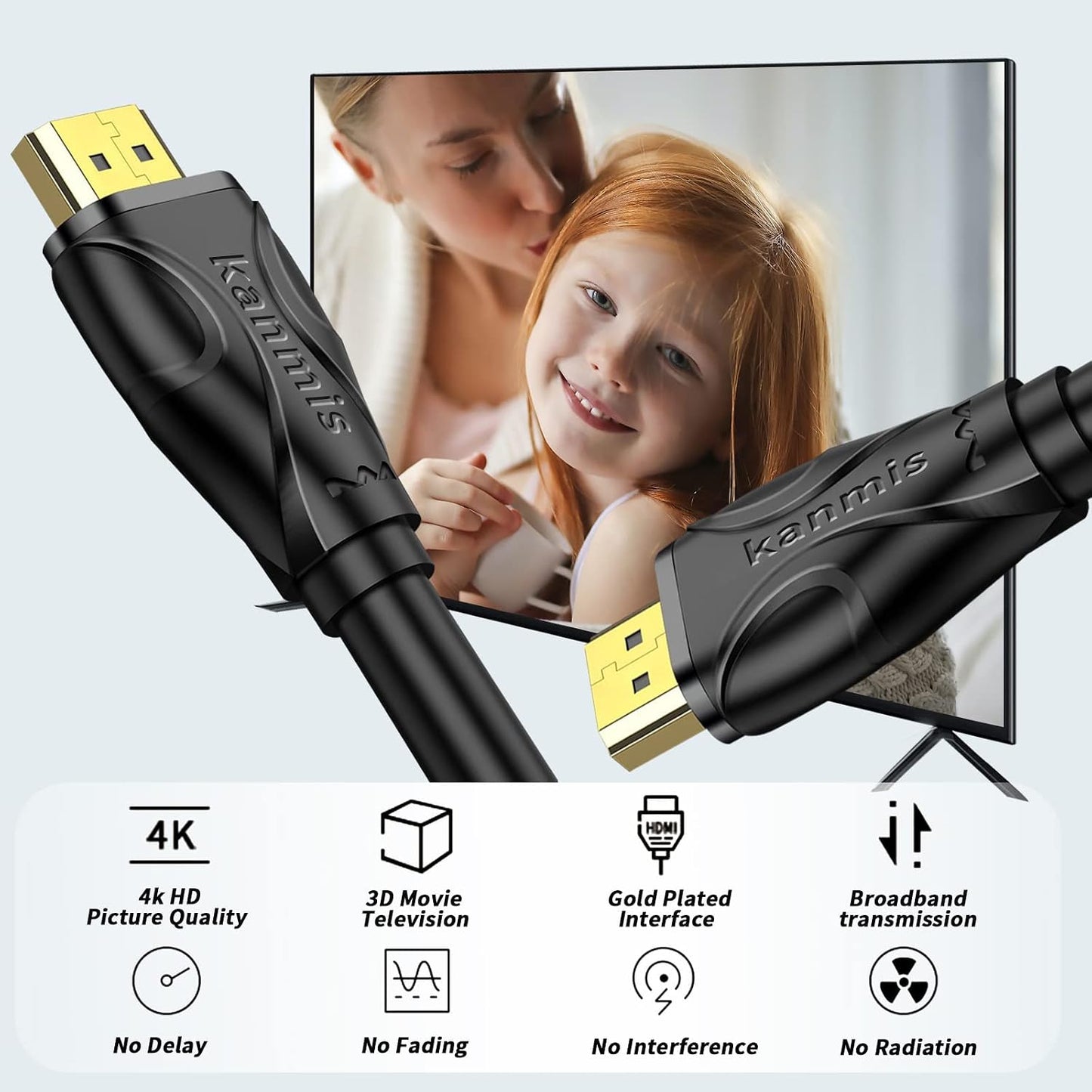 kanmis 8K 10ft, 2.1 8K@60Hz 4K@120hz, PS3 PS4 HDMI Cable High Speed Hdmi Cables Ultra High Speed Gold Plated Connectors