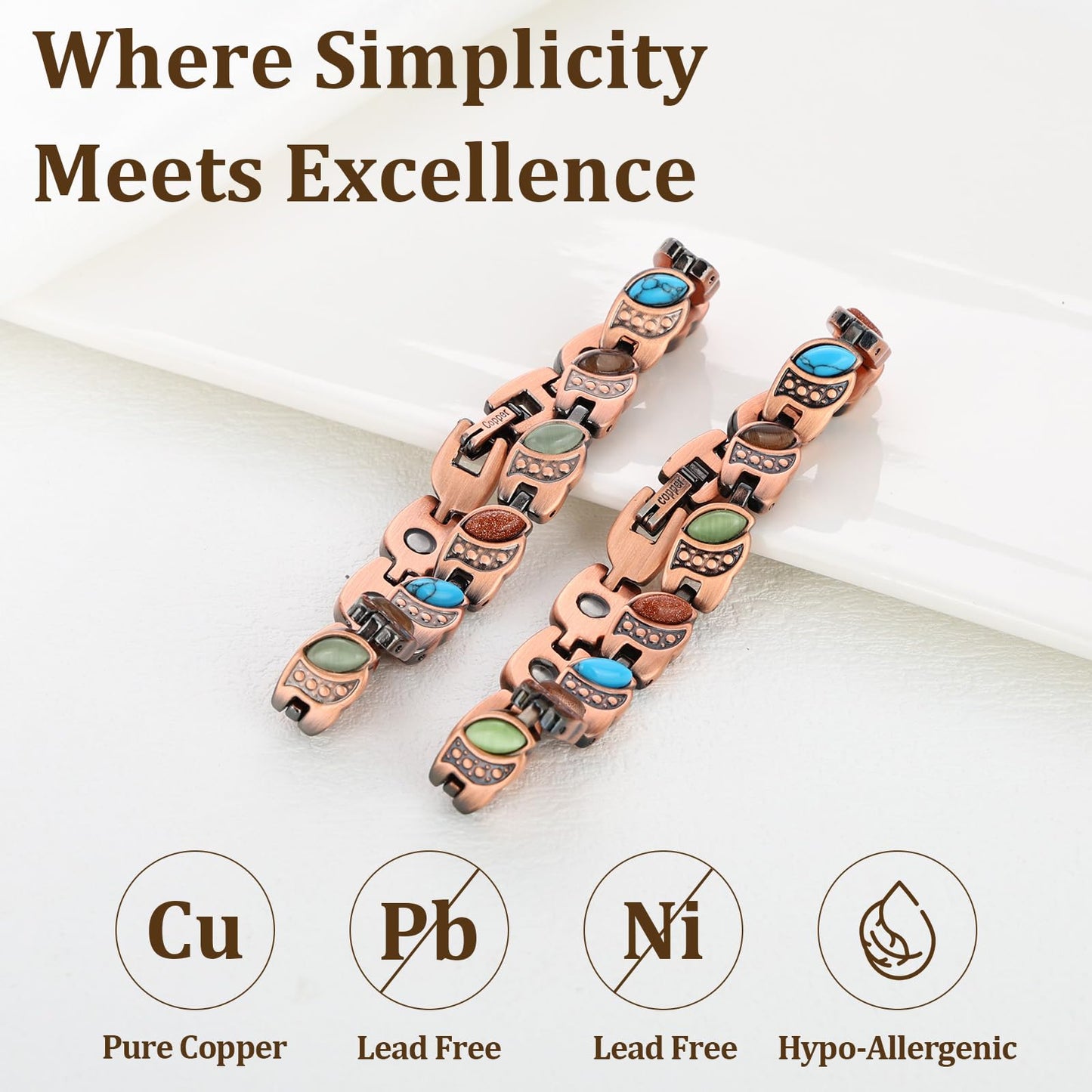 Fashtour 99.99% Pure Copper Magnetic Bracelet and Ring Set for Women, Heart Wire Design Adjustable Jewelry with 3800 Gauss Magnets, Elegant Gift Box (Turquoise and Double Heart Ring Set)