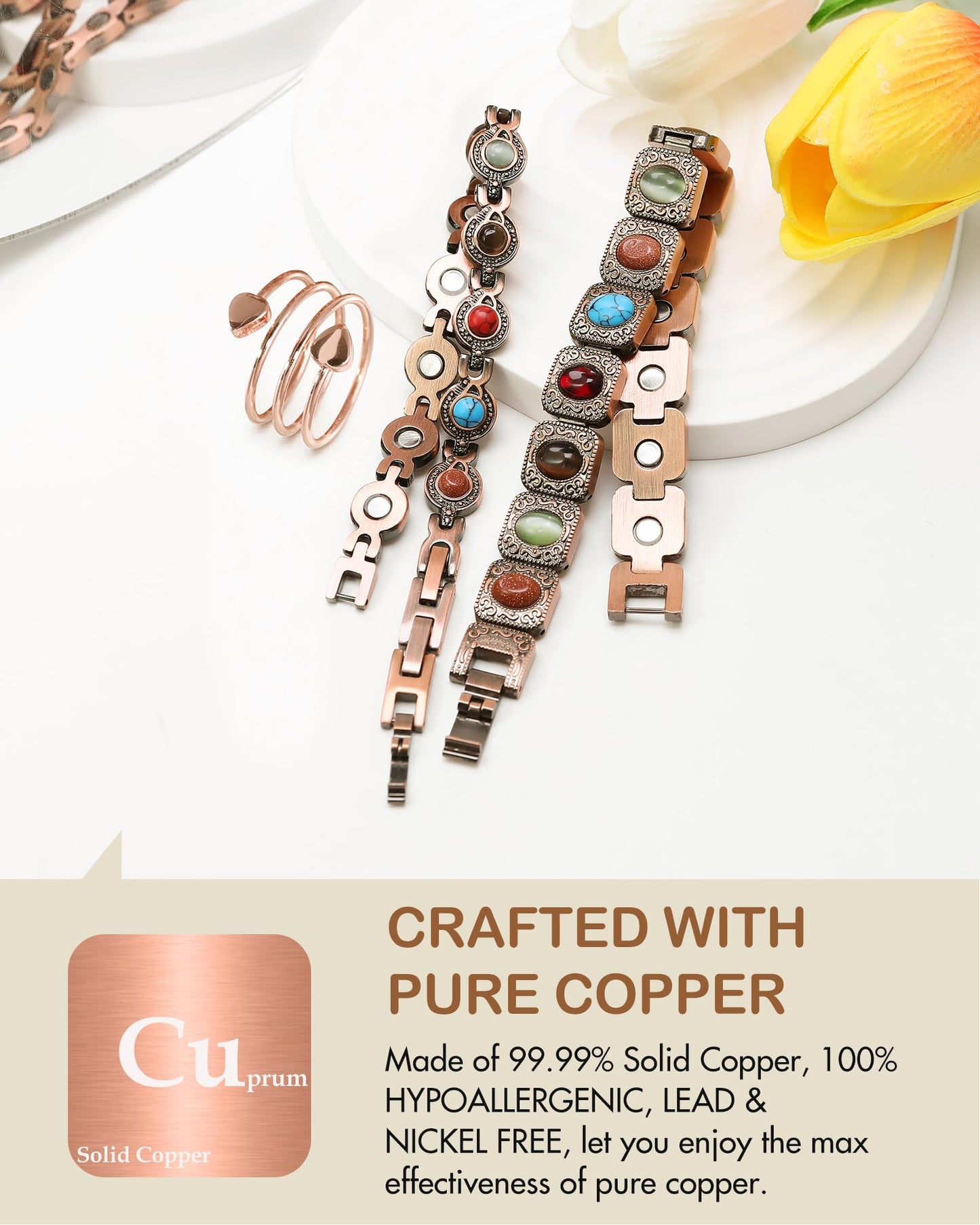 Feraco Pure Copper Bracelets & Rings for Women, Ultra Strength Magnetic Bracelet with 3800 Gauss Magnets & Natural Turquoise & Stones, Adjustable, Jewelry Gift (Circular)