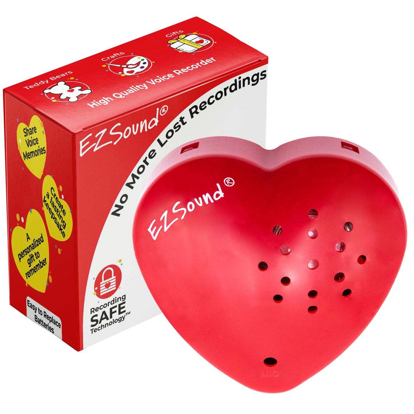 EZSound Teddy Bear Voice Recorder | 30 sec Stuffed Animal Voice Recorder for Kids | Recordable Stuffed Animal Insert | Push Button Build a Bear Heart | Sound Chip for Personal Messages, Gifts (Red)