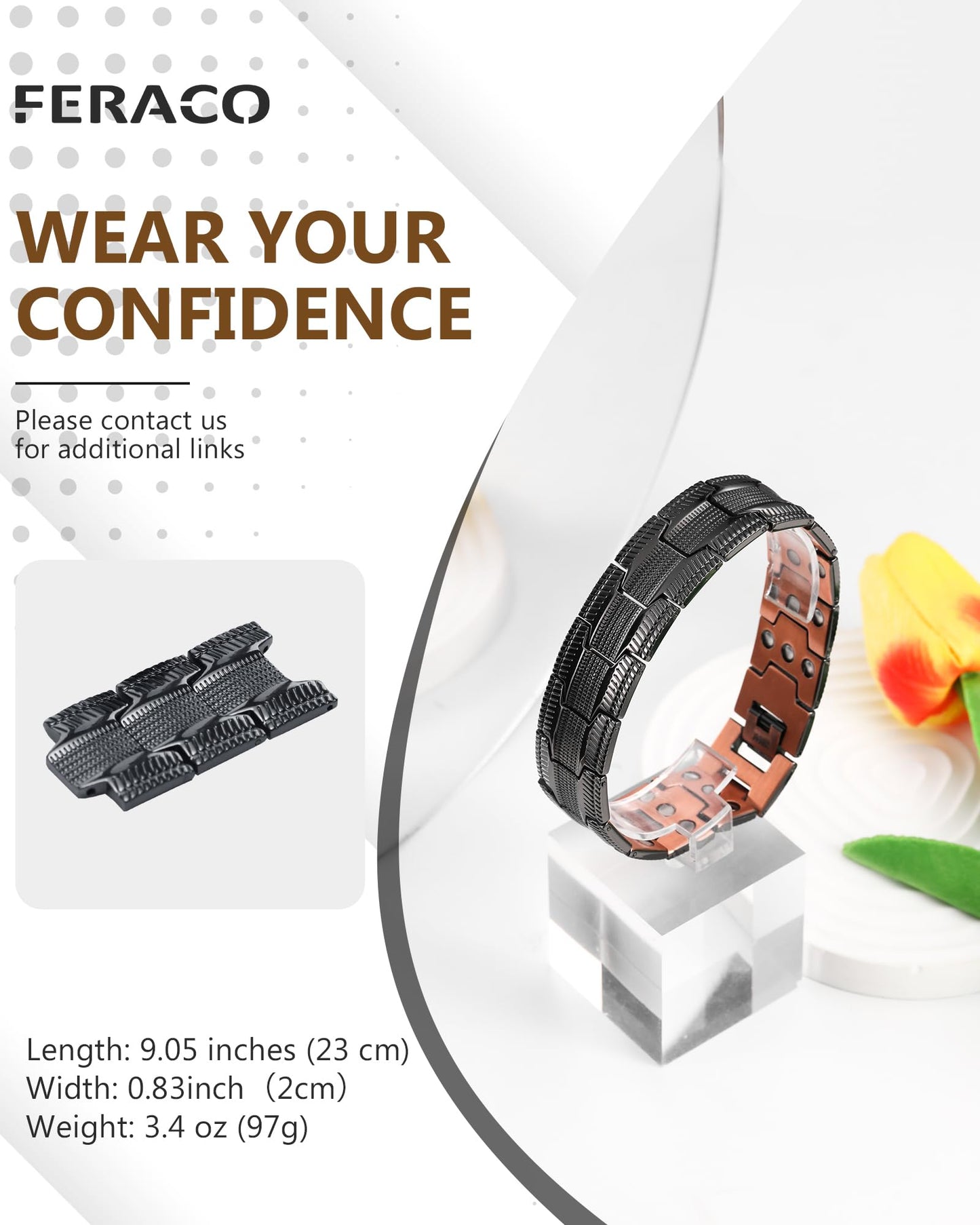 Feraco Copper Bracelet for Men, 3X Strength Magnetic Therapy Cooper Bracelet with Powerful 3800 Gauss Magnets,Copper Jewelry with Tyre-Carved Pattern,Black