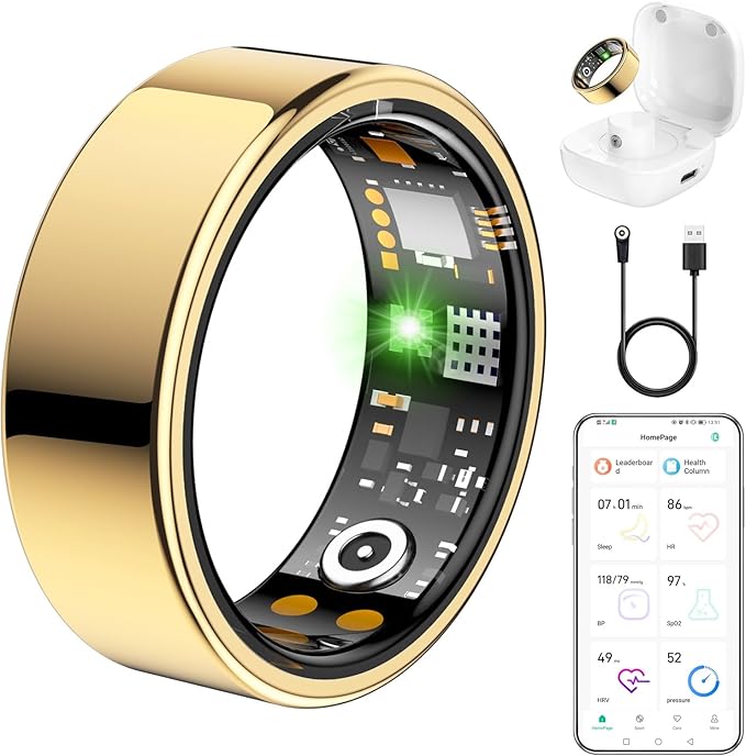 Ring Health Tracker for Women Men, Fit Ring with Heart Rate, Blood Oxygen, Sleep Monitor, Calories, Step Counter, IP68 Waterproof Smart Ring for iPhone & Android, No Subscription Fee (Gold, 11#)