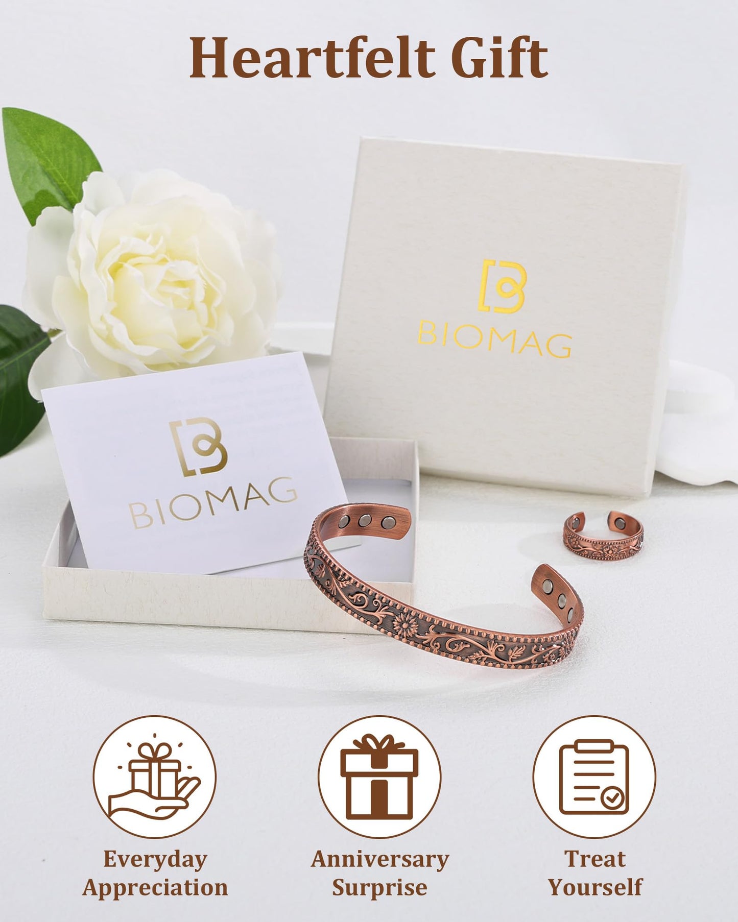 BioMag 99.99% Pure Copper Bracelet&Ring for Men and Women, Adjustable Magnetic Bracelet & Ring with Built-in Strong Magnets, Elegant Vintage Flower Design, Jewelry Christmas Gift