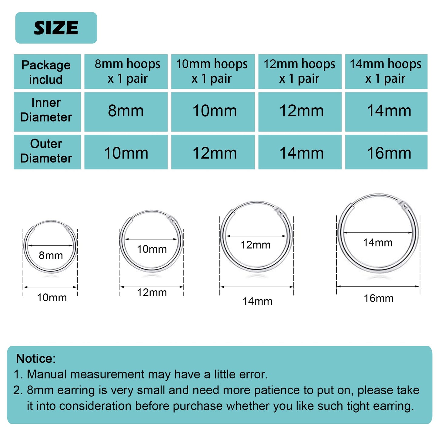 EPIRORA Silver Hoop Earrings- Cartilage Earring Small Hoop Earrings for Women Men,4 Pairs of Hypoallergenic 925 Sterling Silver Tragus Earrings(Silver,8mm/10mm/12mm/14mm)
