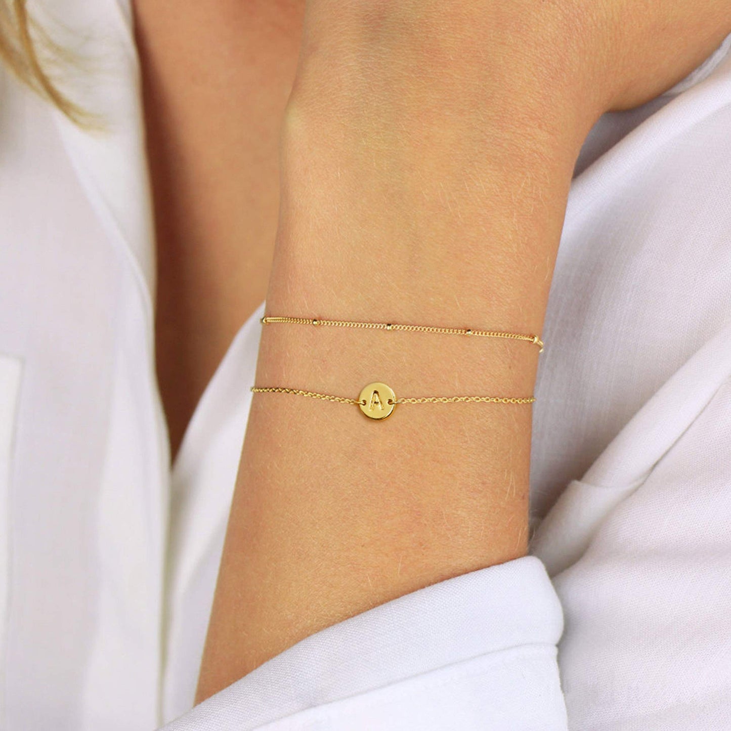 MONOZO Gold Initial Bracelets for Women, Dainty 14K-gold-plated Layered Beaded S Letter Initial Bracelet Personalized Alphabet Disc Monogram Charm Bracelet Jewelry Gifts