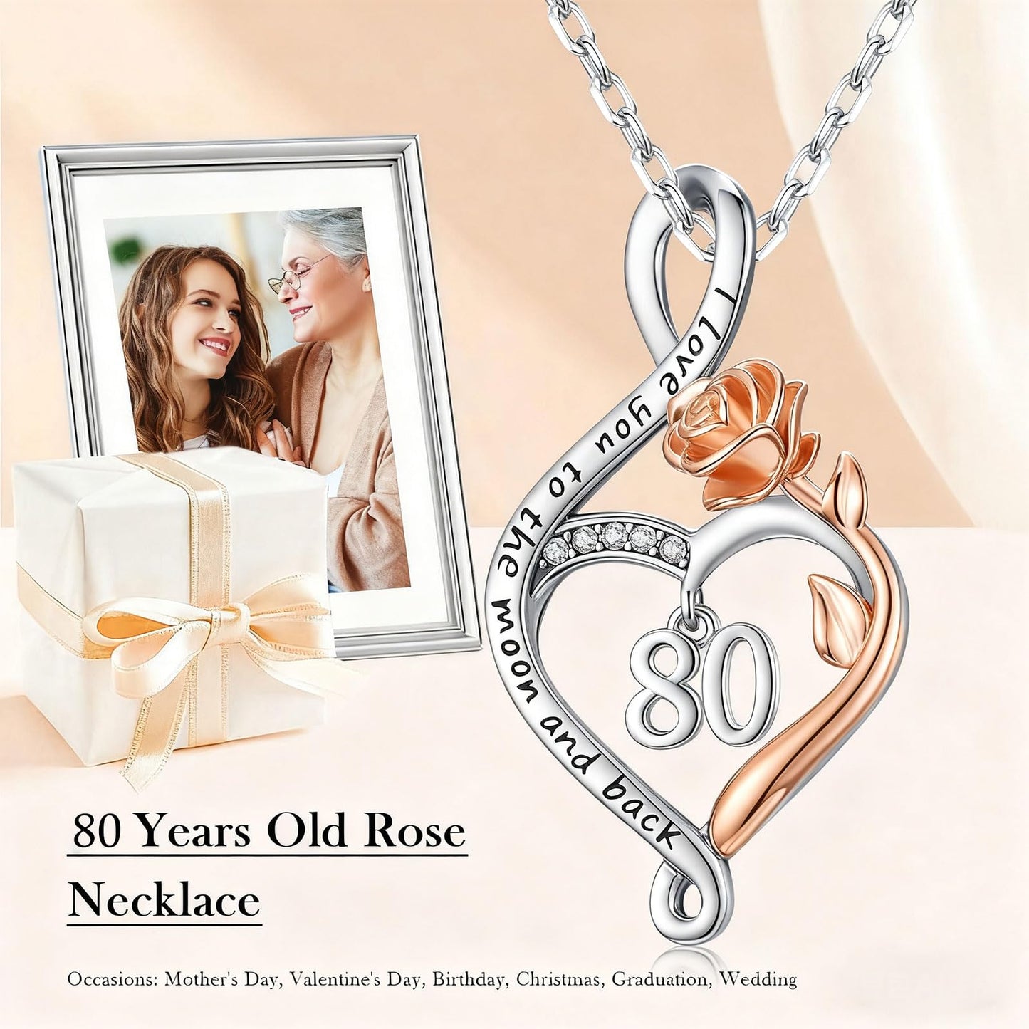 KoyeKei 80th Birthday Gifts for Women 80 Year Old Necklace 925 Sterling Silver Rose Flower Heart Infinity Pendant Jewelry Birthday Mothers Day Gift for Nana Granddaughter