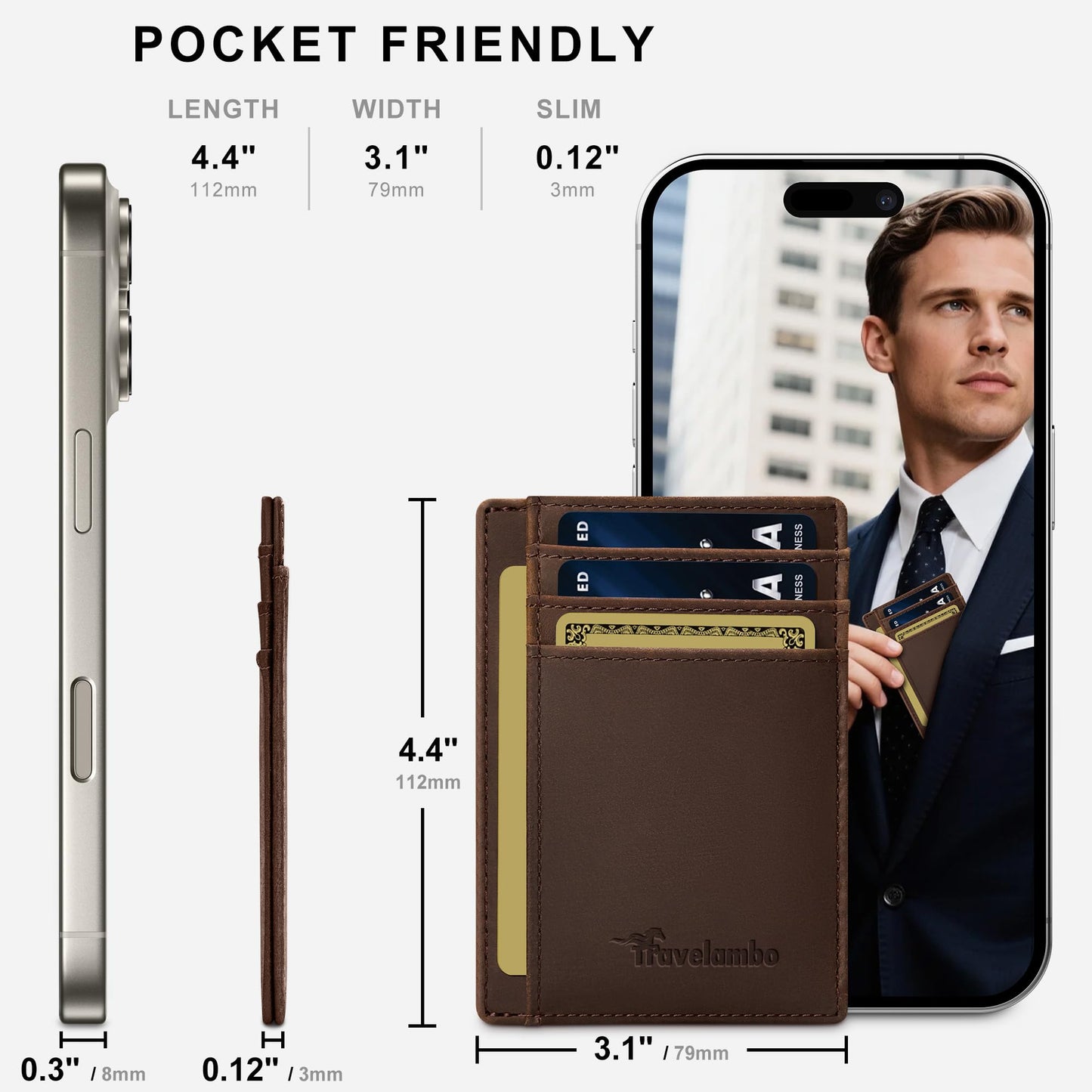 Travelambo 100% Genuine Leather Wallet for Men and Women, Slim Minimalist RFID Blocking Front Pocket Credit Card Holder with Gift Box