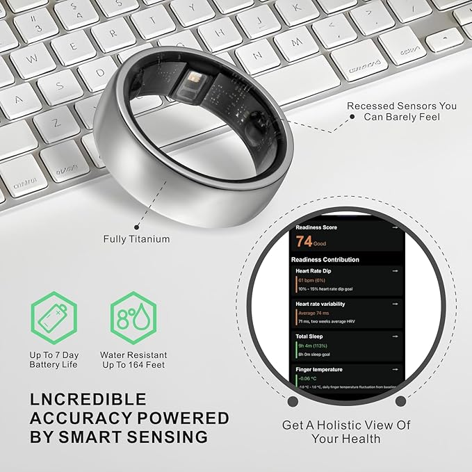 Smart Ring, Activity Trackers, Sleep Ring, Fitness Tracking, Stress Tracker, Heart Rate, Meditation, Temperature, Respiratory, No App Subscription, Women, Men, iOS, Android (Silver, 11)