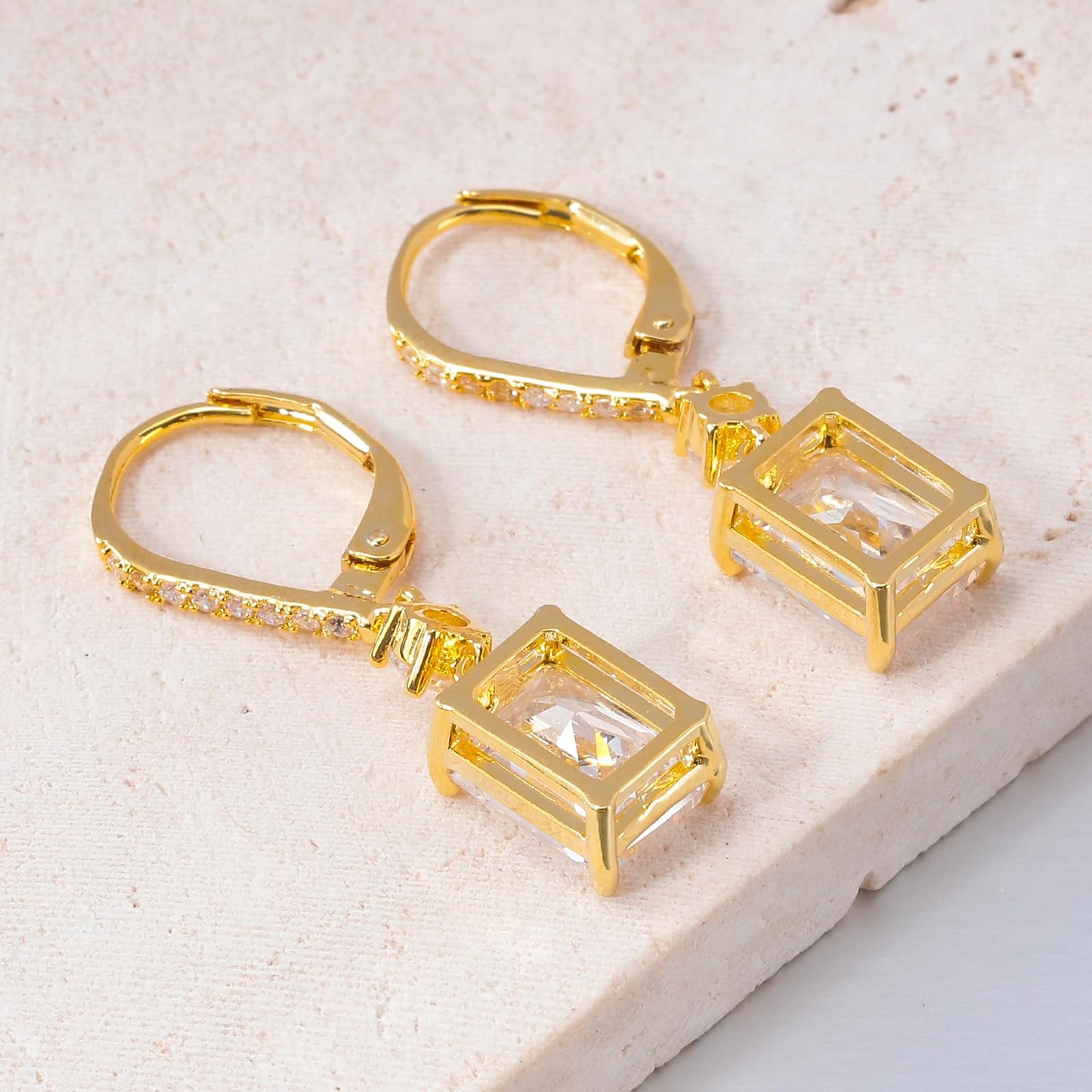 CiNily Leverback Earrings for Women Rectangular-cut Drop Dangle Earrings Hypoallergenic, 14K Gold Plated White Cubic Zircon Earrings Diamond Dangle Earrings Jewelry Wedding