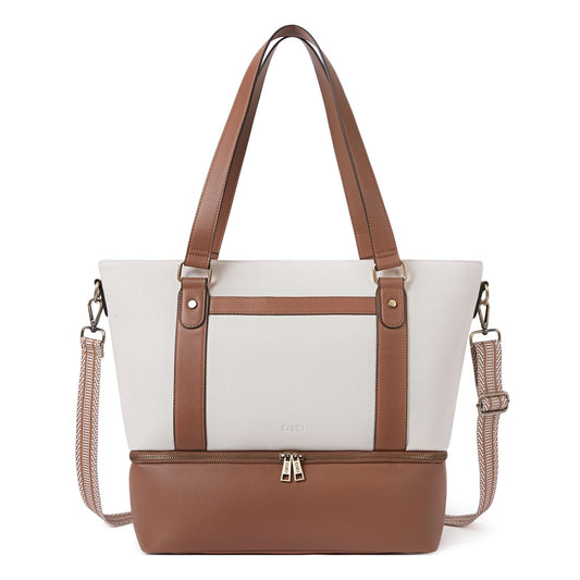 CLUCI Travel Leather Duffel Bag Weekender Bag for Women Carry on Overnight Bag Beige with Brown