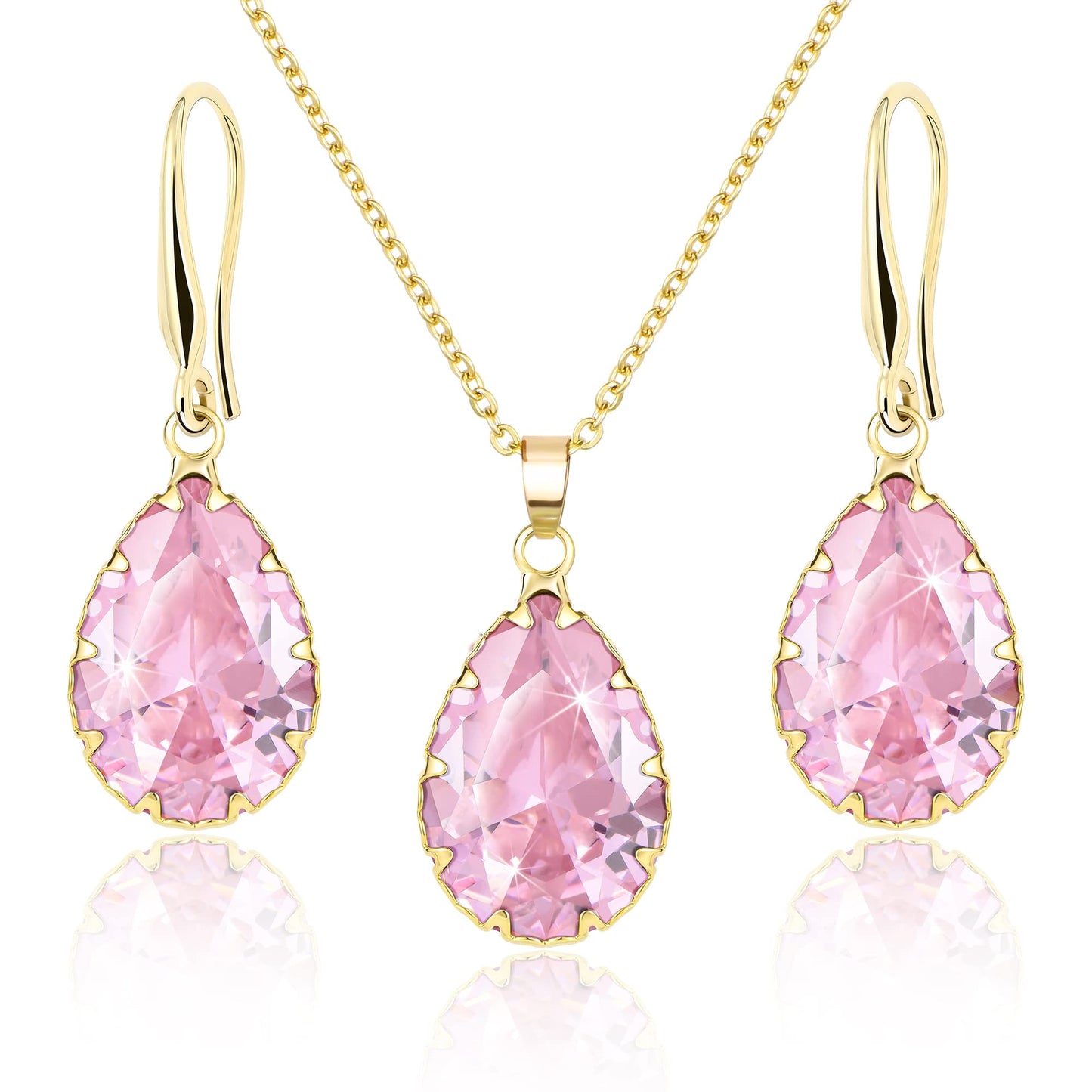Linawe Pink Jewelry Sets for Women Wedding, Crystal Pendant Necklace Set Pink Earrings Dangling Imitation Diamond Rhinestone Cubic Zirconia Birthstone Dangle Gold Matching
