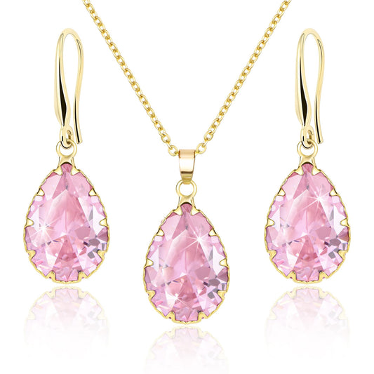 Linawe Pink Jewelry Sets for Women Wedding, Crystal Pendant Necklace Set Pink Earrings Dangling Imitation Diamond Rhinestone Cubic Zirconia Birthstone Dangle Gold Matching