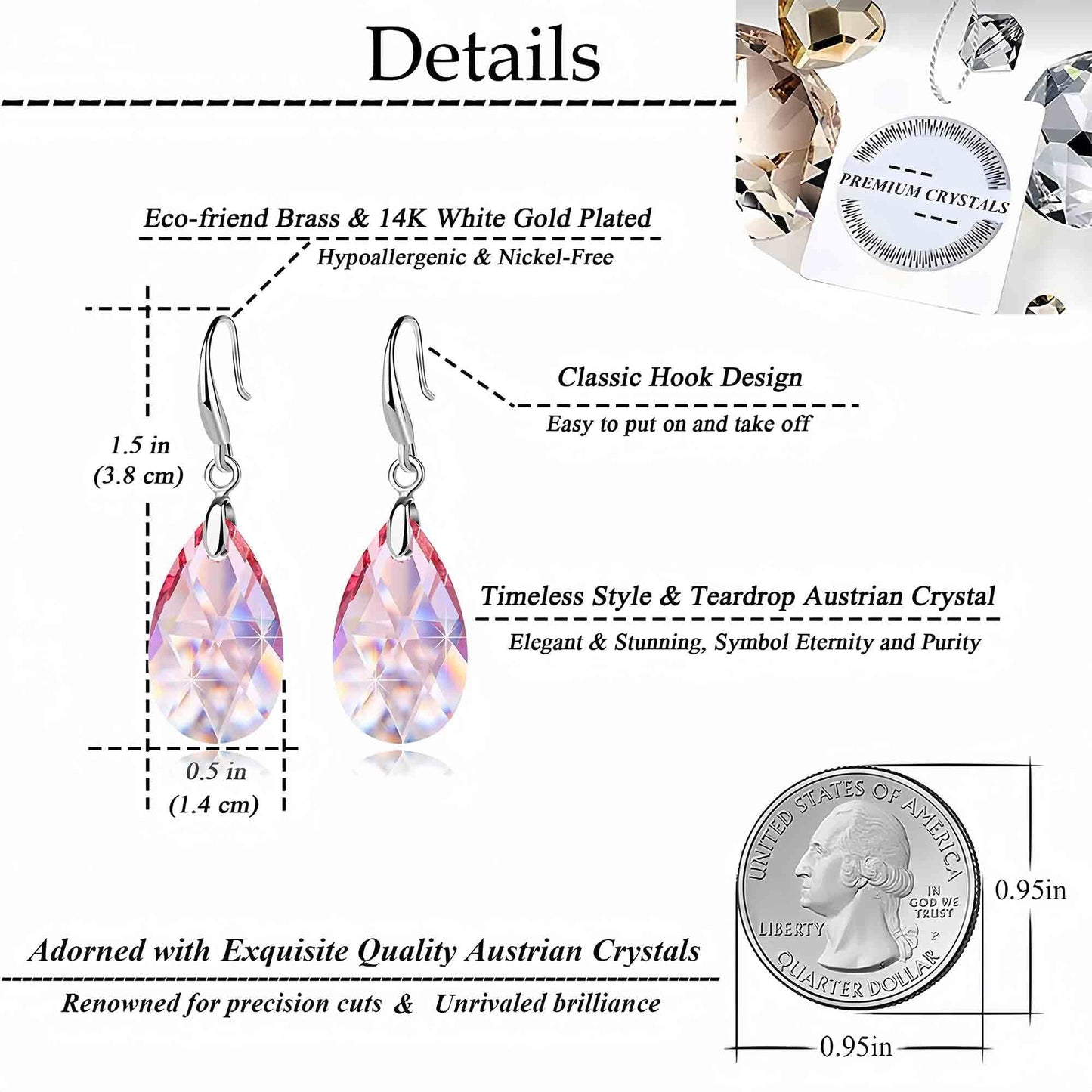 Austrian Crystal Teardrop Dangle Hook Drop Earrings for Women 14K Gold Plated Hypoallergenic Jewelry (Pink)
