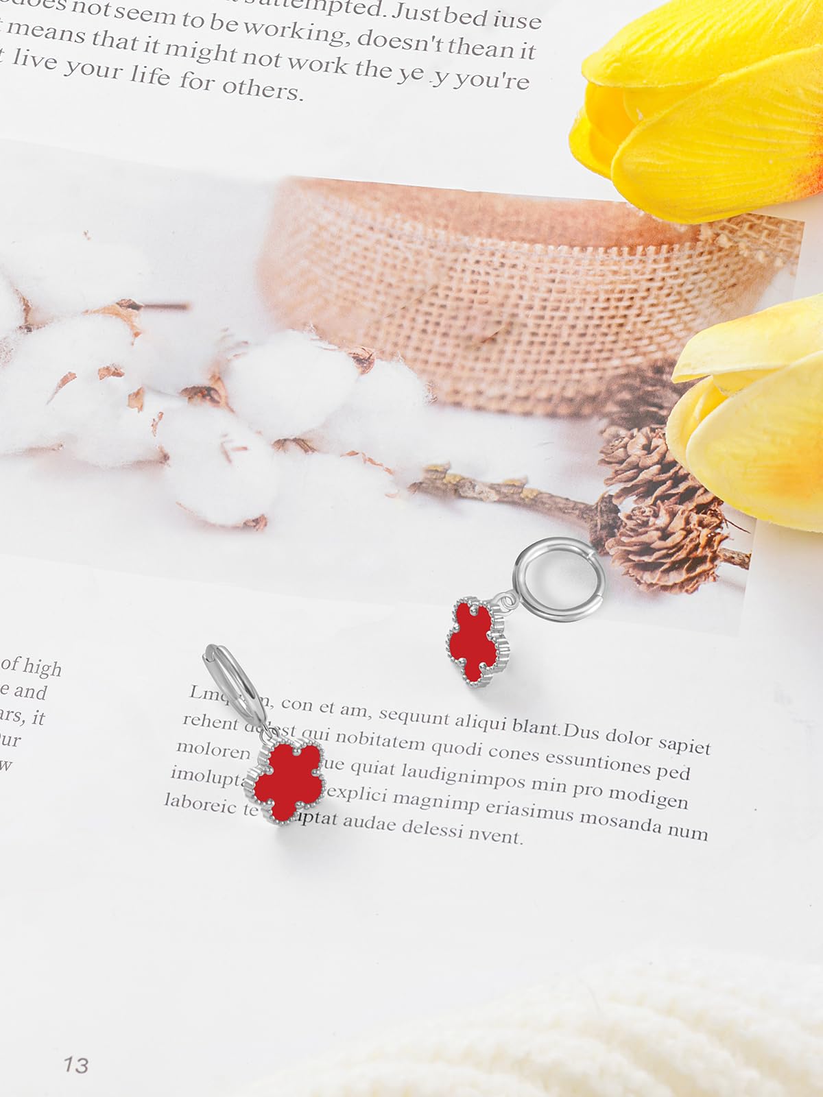 Gold Plated Five Leaf Clover Dangle Earrings for Women Lucky Flower Jewelry (Red-White Gold Plated)
