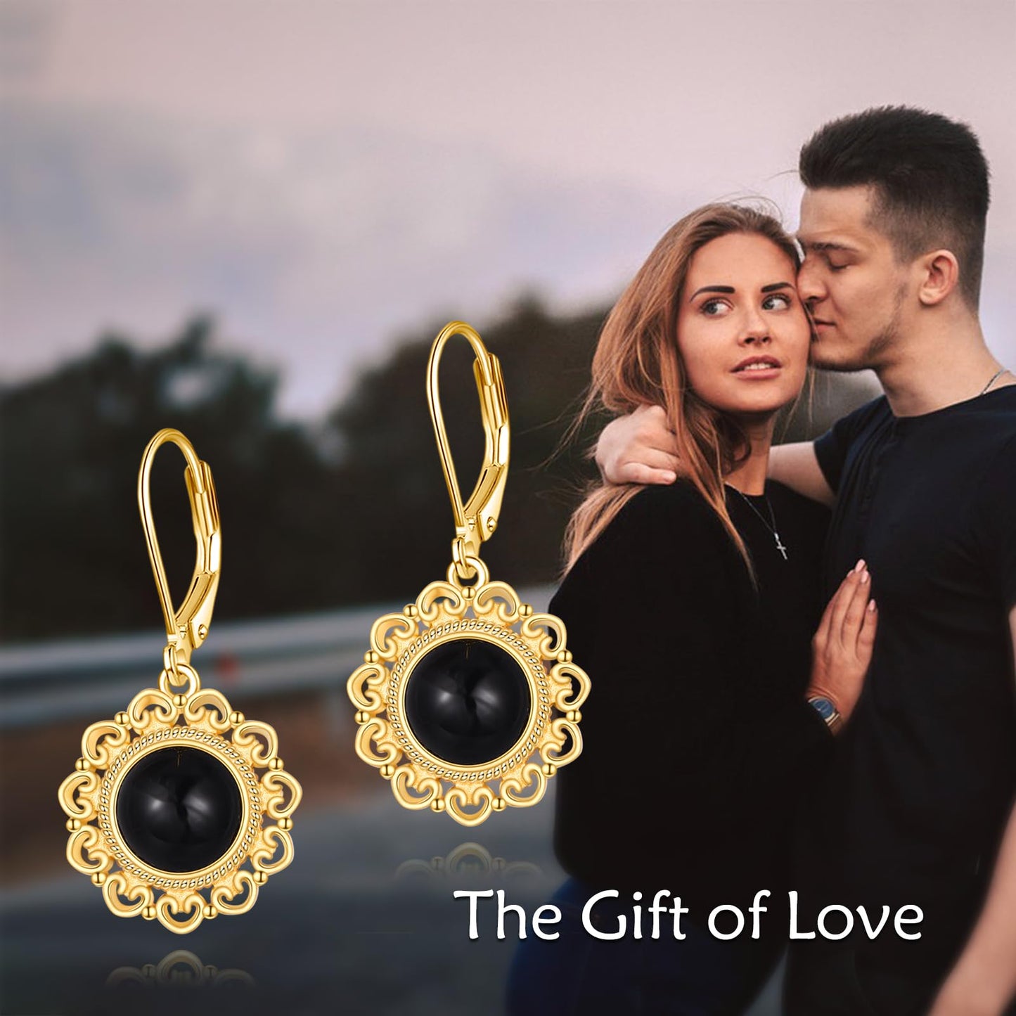 Black Onyx Dangle Drop Earrings Sterling Silver 18K Yellow Gold Plated Filigree Black Onyx Leverback Earrings