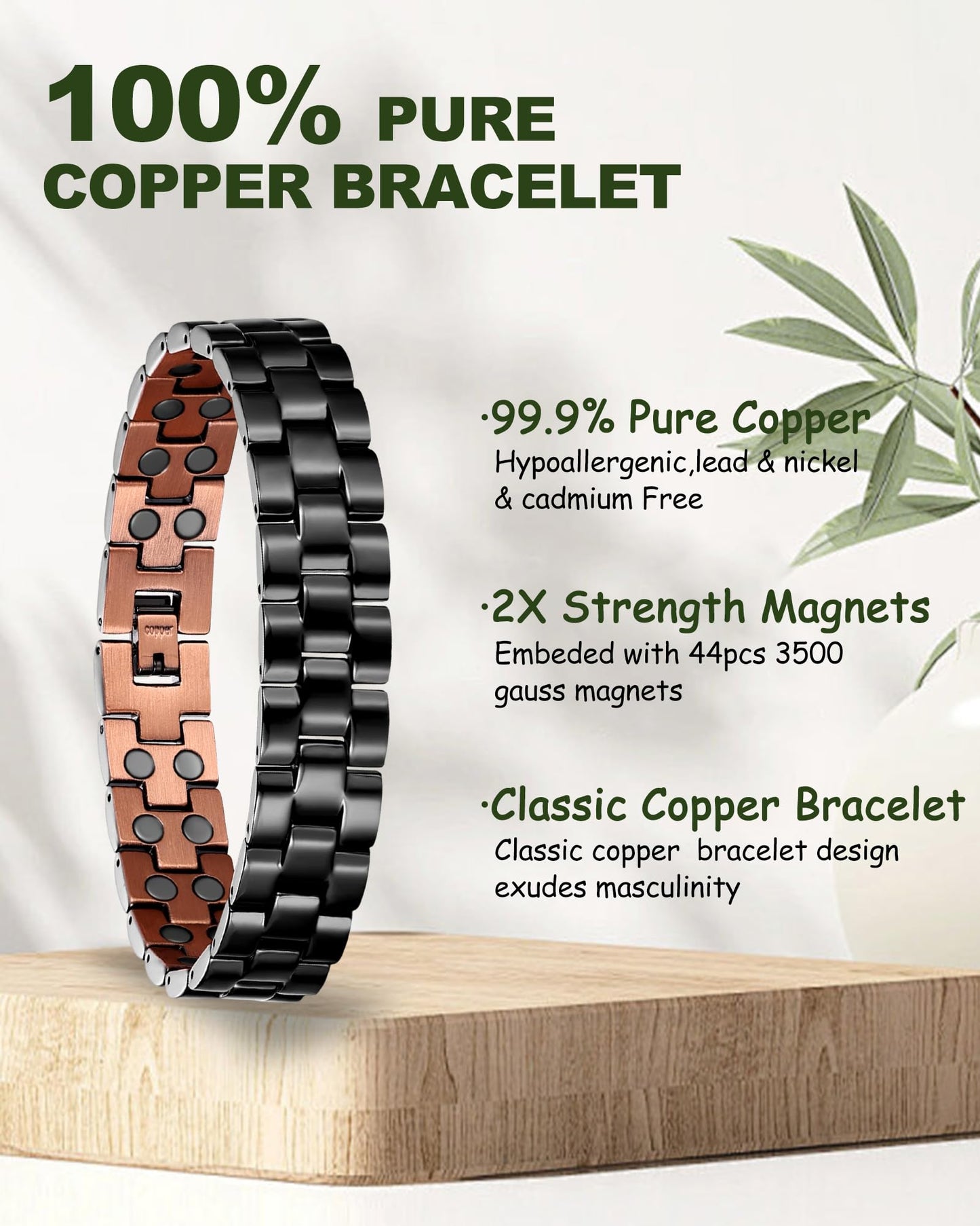 MagEnergy Copper Magnetic Bracelet for Men, 99.9% Pure Copper Bracelet with Double-Row Strength Magnets, Adjustable Jewelry with Sizing Tool