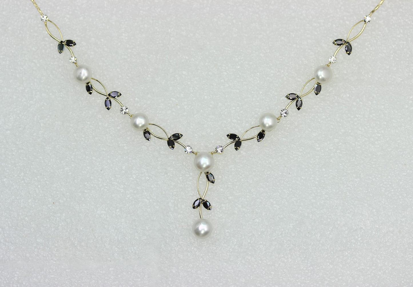 Faship Gorgeous Black CZ Crystal Genuine Freshwater Pearls Floral Necklace Earrings Set - Black/Gold Plated