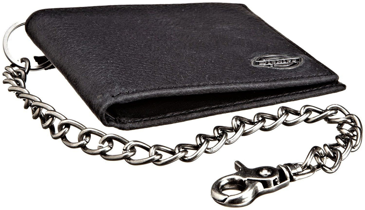 Dickies Men's RFID Everyday Leather Bifold Chain Wallet, Pebbled Black, One Size