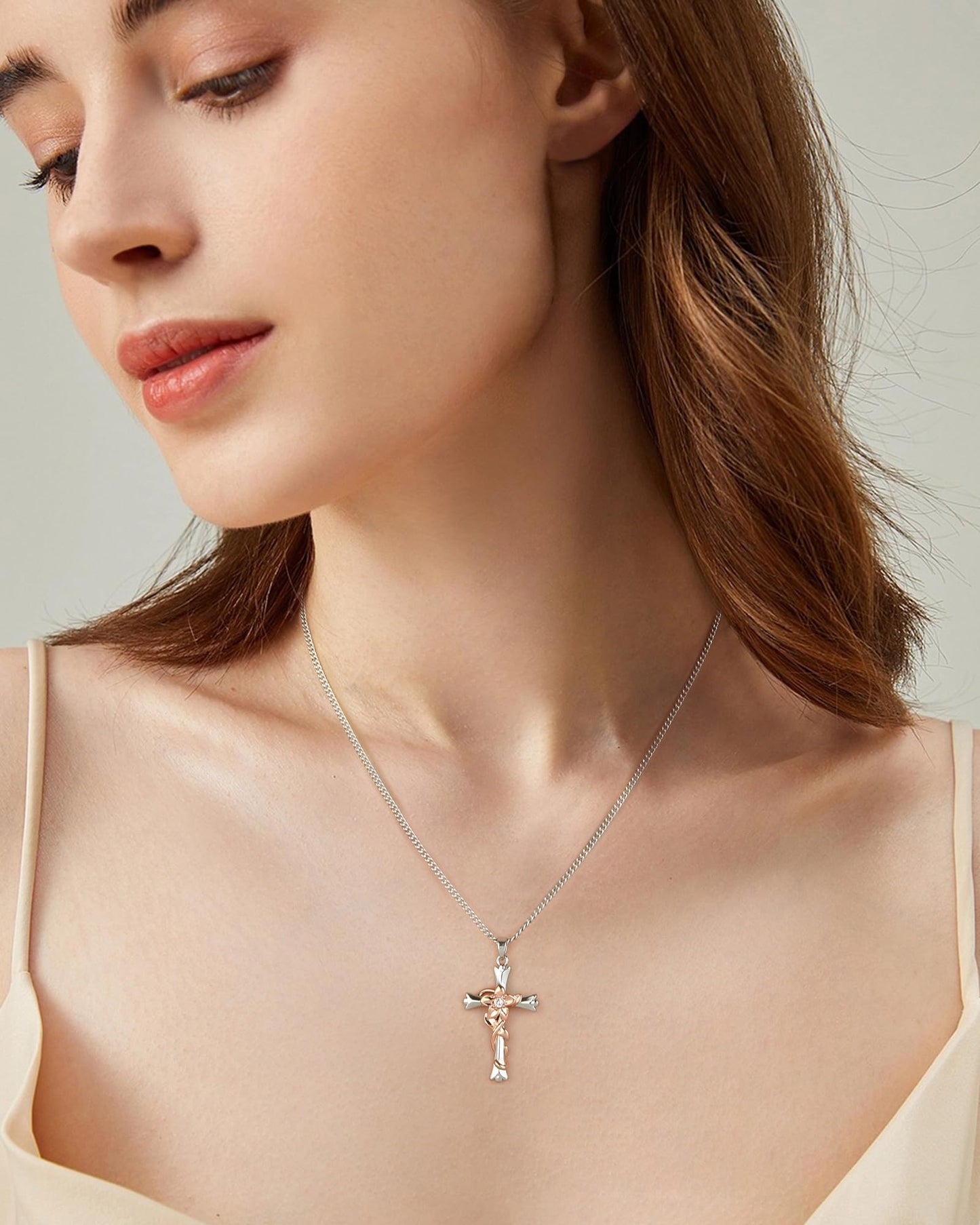 ACECHA Silver Cross Necklace for Women, Dainty Faith Cross Pendant Necklaces with Daffodils Jewelry for Mom Wife Daughter Sister | Gifts for Birthday Anniversary Christmas Easter(Narcissus-Vitality)