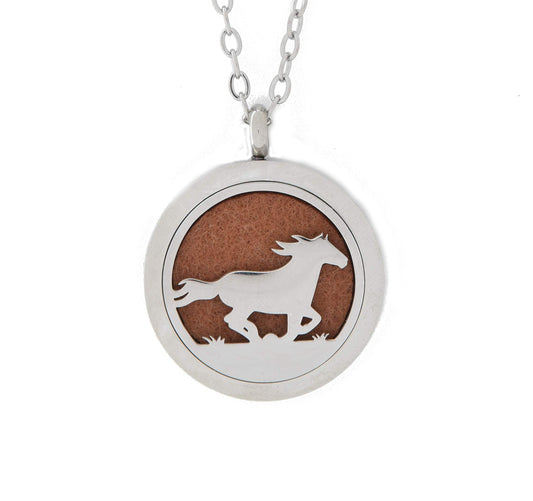 Aromatherapy Essential Oil Diffuser Stainless Steel 30MM Silver Magnetic Locket Pendant 2 Sizes Chain Necklace, Refill Pads & Diffuser Bracelet in a Velvet Bag (horse2)