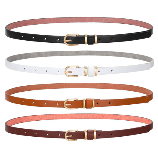 SANSTHS 4 Pack Women Thin Belts for Jeans Dresses Coats Skinny Women Belt with Gold Alloy Buckle, Black+White+Coffee+Brown M