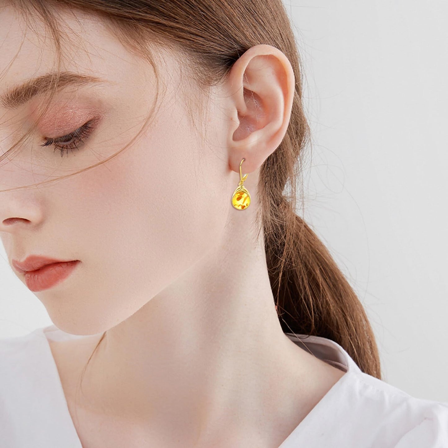 POPLYKE Amber Earrings Gold Plated Dangle for Women 925 Sterling Silver Leverback Earrings Teardrop Amber Jewelry Gifts Christmas Birthday
