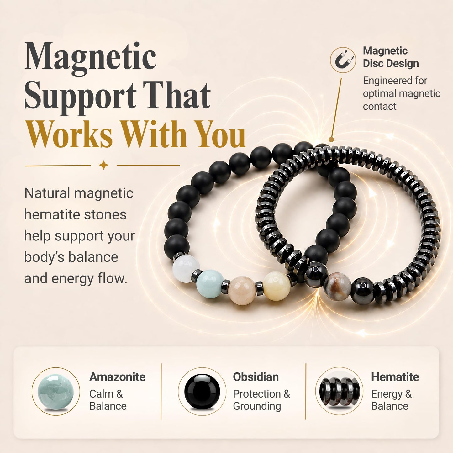 WestLuna Magnetic Hematite Bracelets for Women Men, Adjustable Amazonite Black Obsidian Natural Stone Beaded Bracelets, Slimming Crystal Chakra Energy Bracelet Gift (Amazonite, Small)