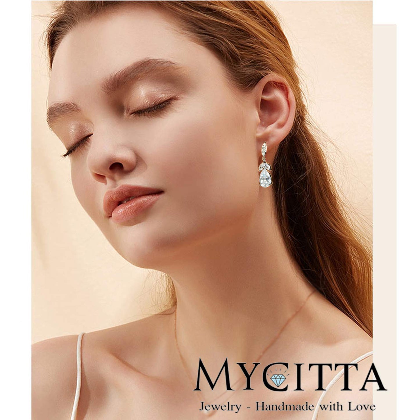Women's Cubic Zirconia Bridal Earring - Elegant 14k White Gold Plated Teardrop Cluster Floral Leaf CZ Crystal Rhinestone Wedding Bride Bridesmaids Mother of Bride Party Prom