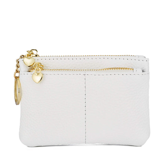 ZOOEASS Coin Purse Women Genuine Leather Zip Mini Purse With Key Ring Triple Zipper Card Holder Wallet (White)