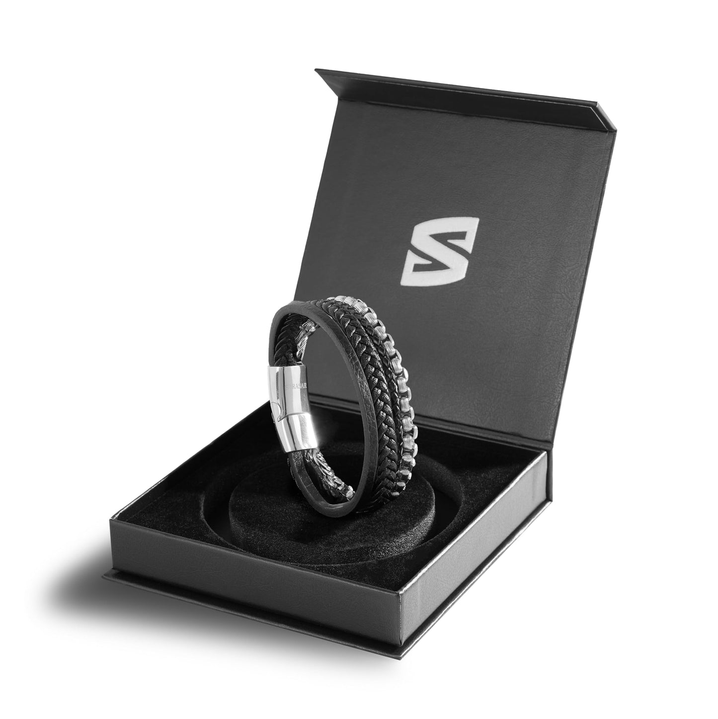 SERASAR Mens Silver Bracelets 23cm Bracelet Men Gift Box Genuine Leather Cowhide Braided Magnetic Clasp Multi Layer Wrap Rope Man Mans Male Band Jewelry Magnet Accessories