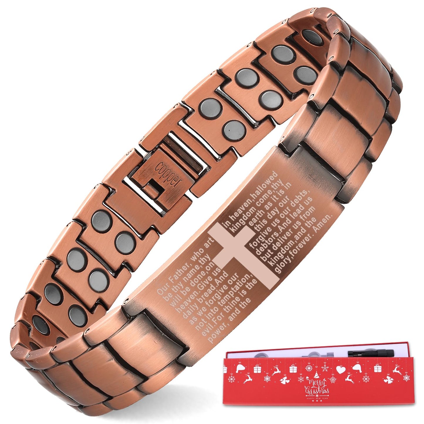 MagEnergy Copper Bracelet for Men, Christmas Gifts Box, Cross Copper Magnetic Bracelet with Ultra Strength Magnets, Adjustable Link Jewelry Box Gift (Sizing Tool)