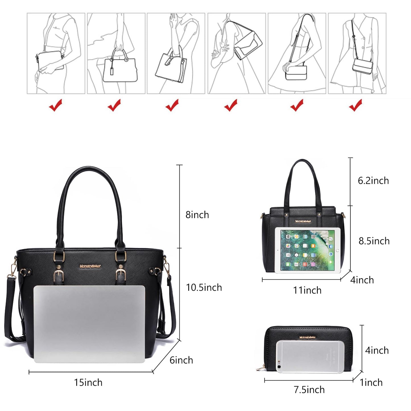 Montana West 3PCS Purses for Women Tote Bag and Wallet Set Shoulder Satchel Crossbody Bags Leather Handbag for Gift Travel Casual Work MWC-HB-SET3-C032W-BK