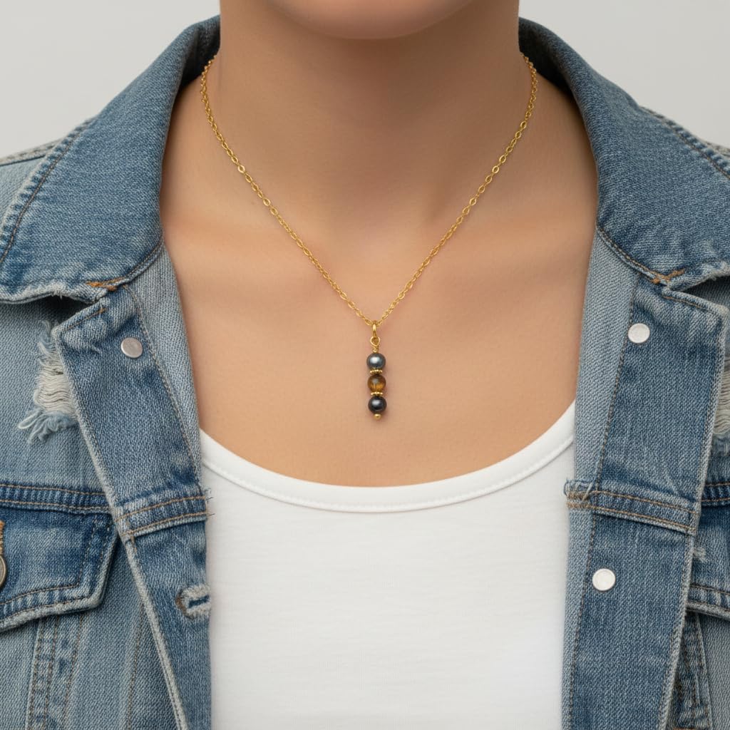 EnCharmed Gold Tone Triple Protection Necklace, Handmade Healing Jewelry for Luck Prosperity Happiness, Natural Hematite Tiger Eye and Black Obsidian Pendant, Spiritual Gift for Men or Women