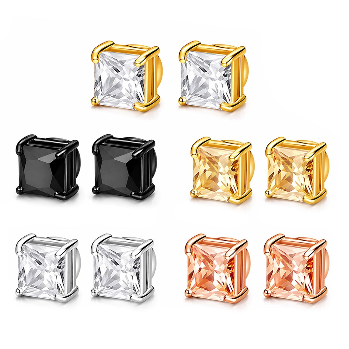 BEFOSHINN Magnetic Stud Earrings for Men and Women, No Piercing Needed, 5 Pairs 316L Stainless Steel CZ Clip On Ear Studs, 6mm Fake Earrings for Non Pierced Ears, Silver Black Gold Rose Gold