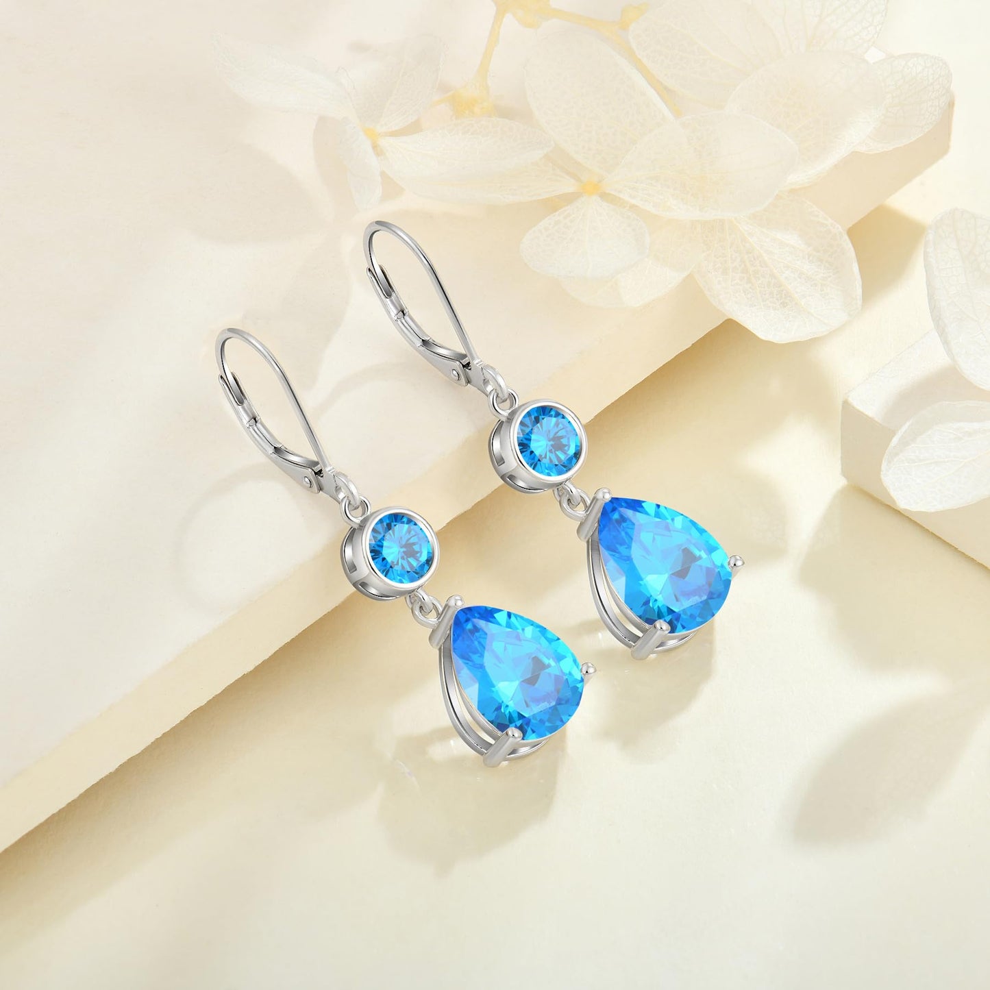 FYNSBLE Aquamarine Earrings for Women Sterling Silver Dangle Drop Leverback Earrings Hypoallergenic Jewelry Birthday for Women